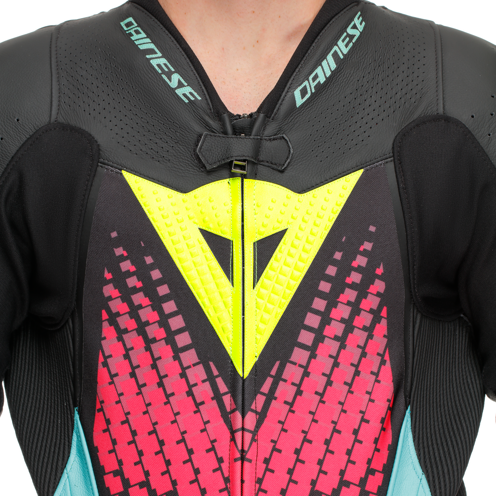 Dainese Laguna Seca 6 Mono de cuero – Traje de carreras perforado | Hombre | Turquesa/Rosa/Amarillo neón 