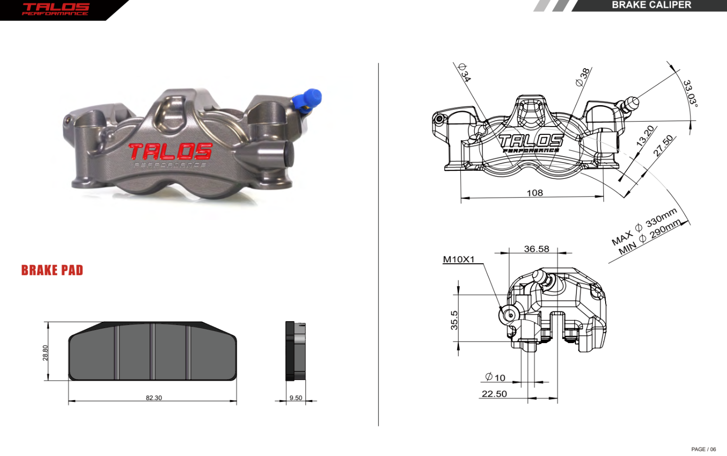Talos X80 SBK Racing Monoblock P4 34/38 108mm pinza de freno delantera derecha | X80.108.HD.R 
