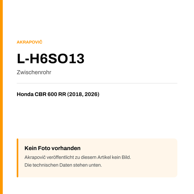 Akrapovic Zwischenrohr Honda CBR 600 RR (18-26) L-H6SO13 — Platzhalter, kein Herstellerfoto verfügbar