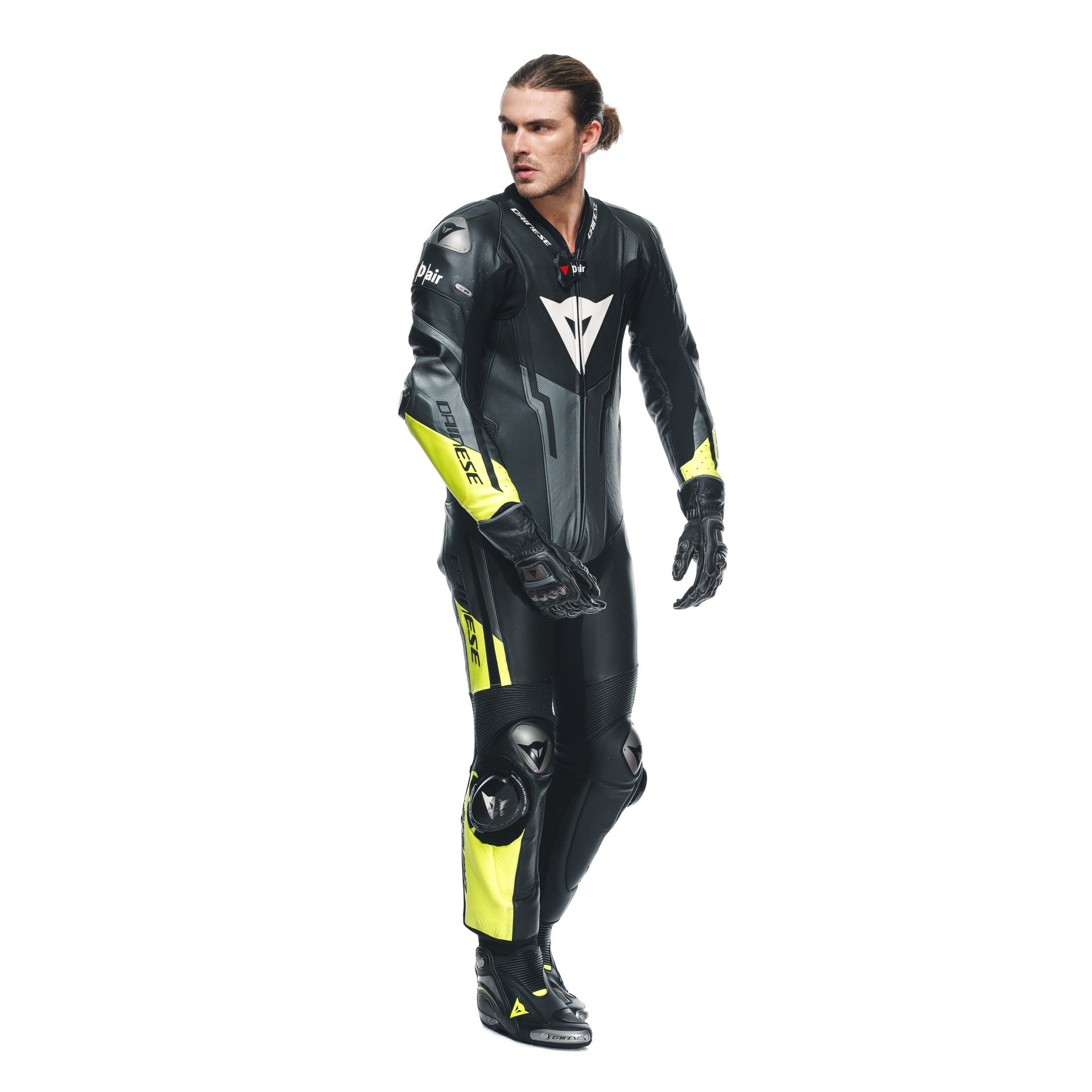 Dainese Misano 3 D-AIR® Mono de cuero – Traje de carreras con airbag perforado | Hombre | Negro/Amarillo neón 