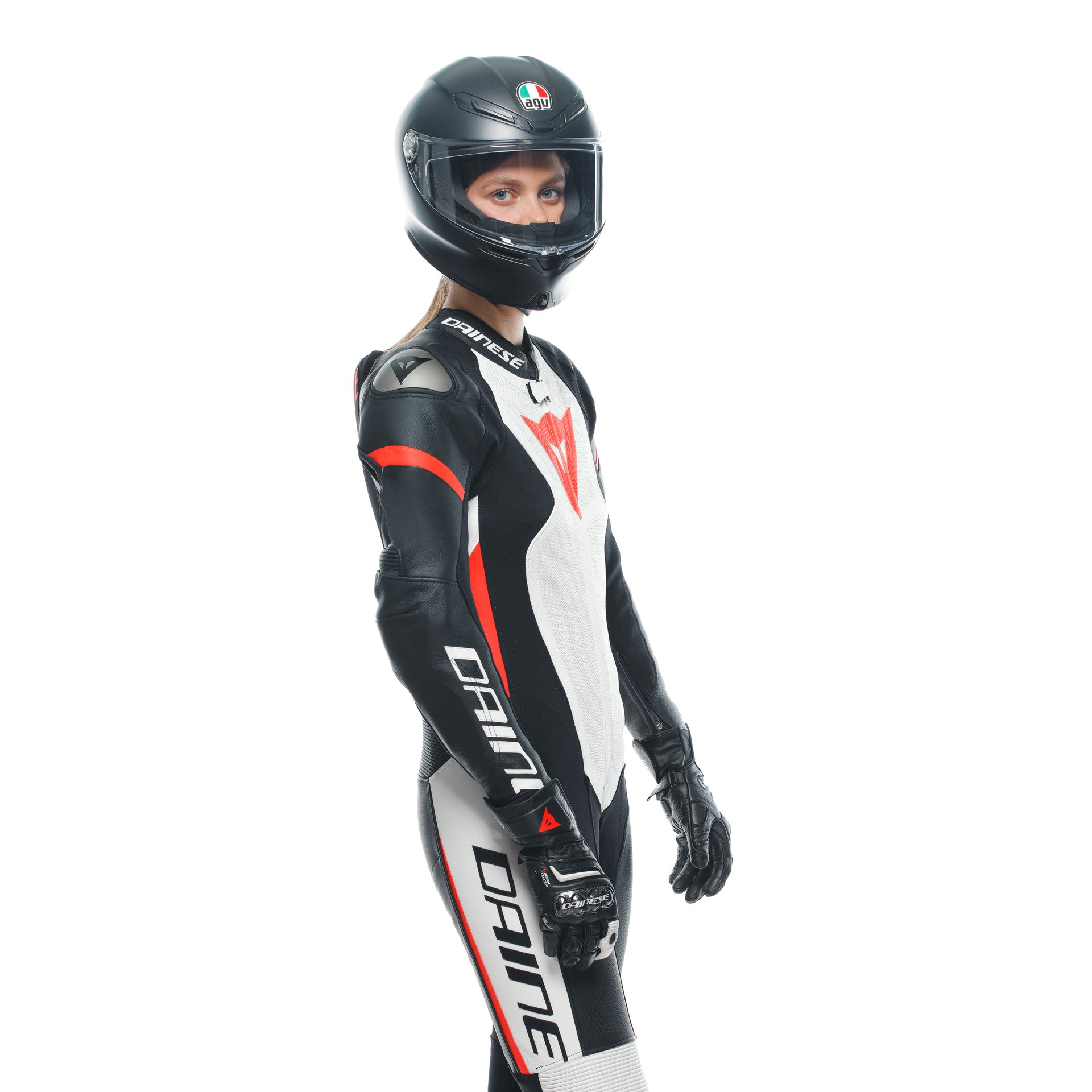Dainese Grobnik Lady Mono de cuero – Traje de carrera perforado | Mujeres | Blanco/Rojo 