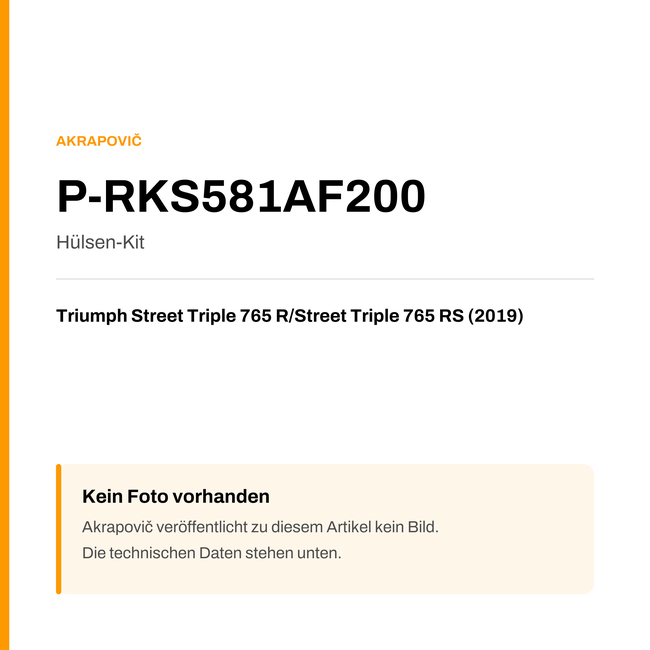 Akrapovic Hülsen-Kit Triumph Street Triple 765 R / Street Triple 765 RS (19-19) P-RKS581AF200 — Platzhalter, kein Herstellerfoto verfügbar