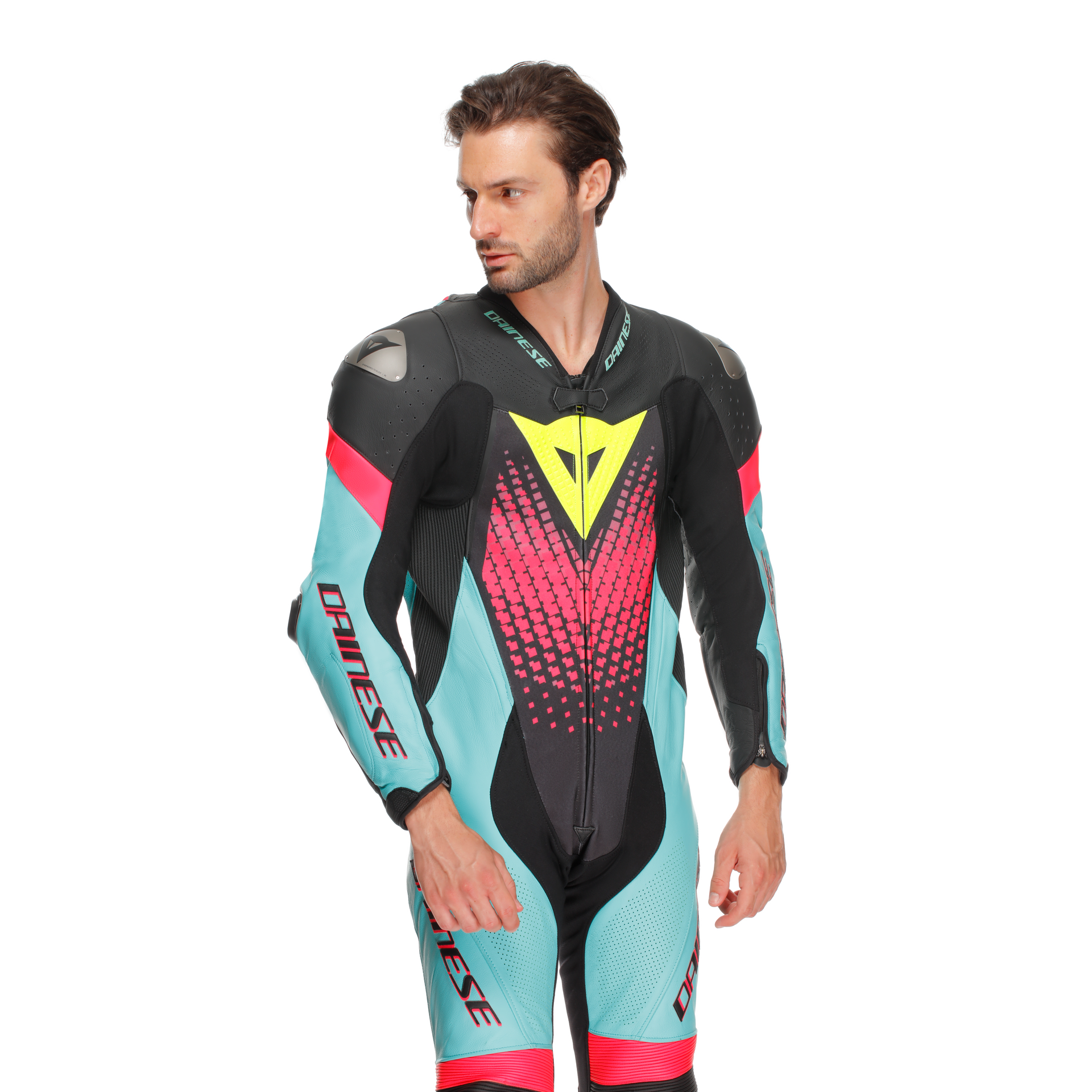 Dainese Laguna Seca 6 Mono de cuero – Traje de carreras perforado | Hombre | Turquesa/Rosa/Amarillo neón 