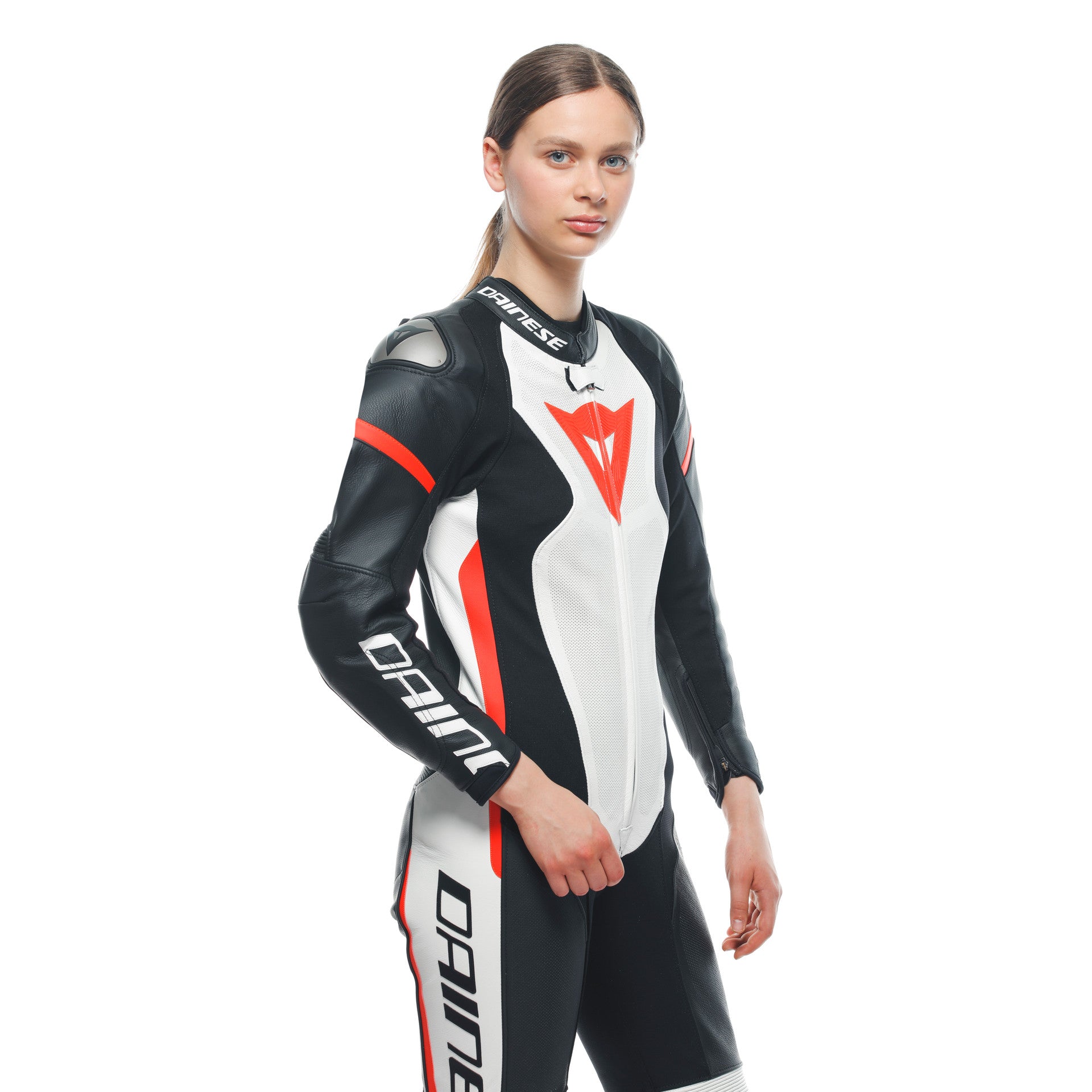 Dainese Grobnik Lady Mono de cuero – Traje de carrera perforado | Mujeres | Blanco/Rojo 