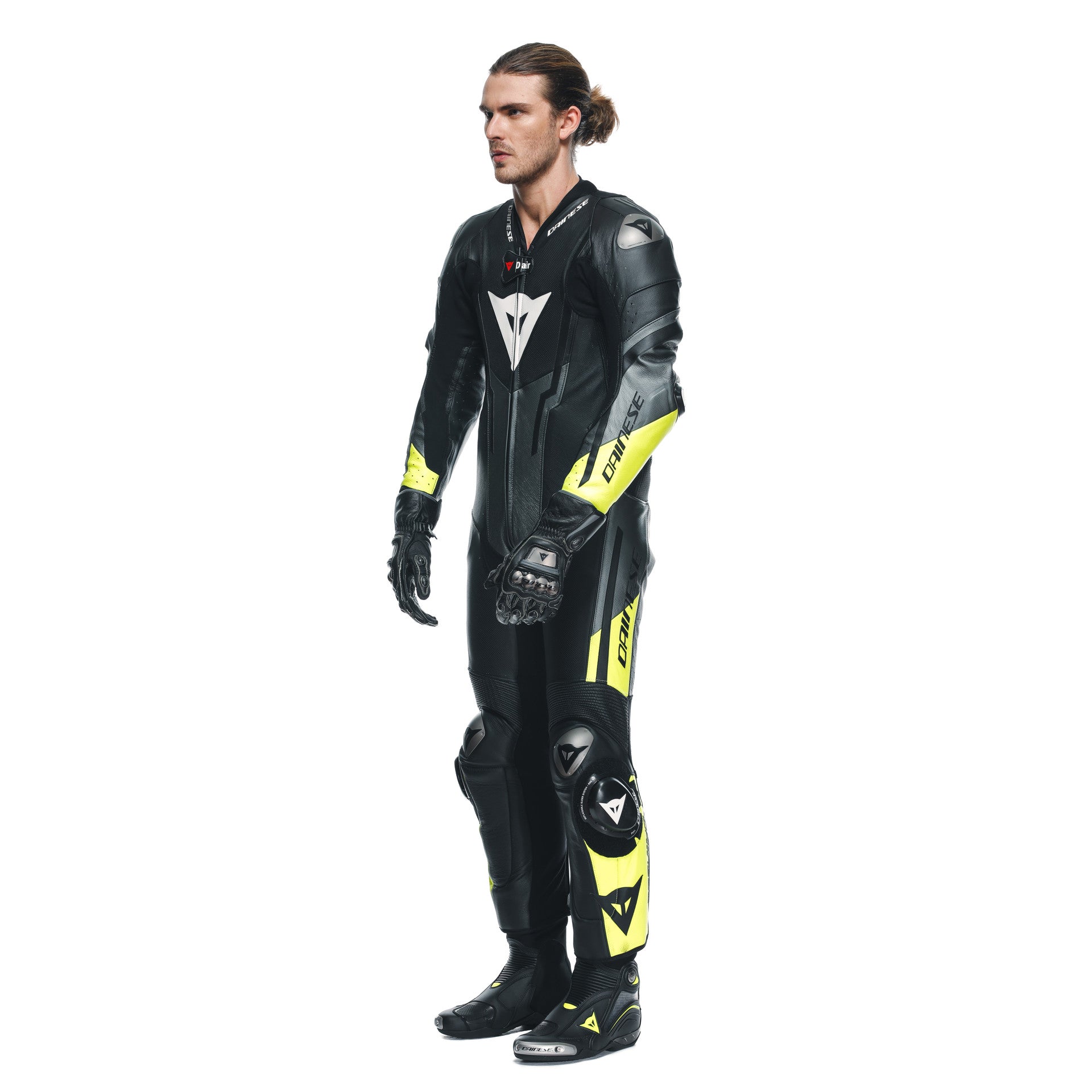 Dainese Misano 3 D-AIR® Mono de cuero – Traje de carreras con airbag perforado | Hombre | Negro/Amarillo neón 