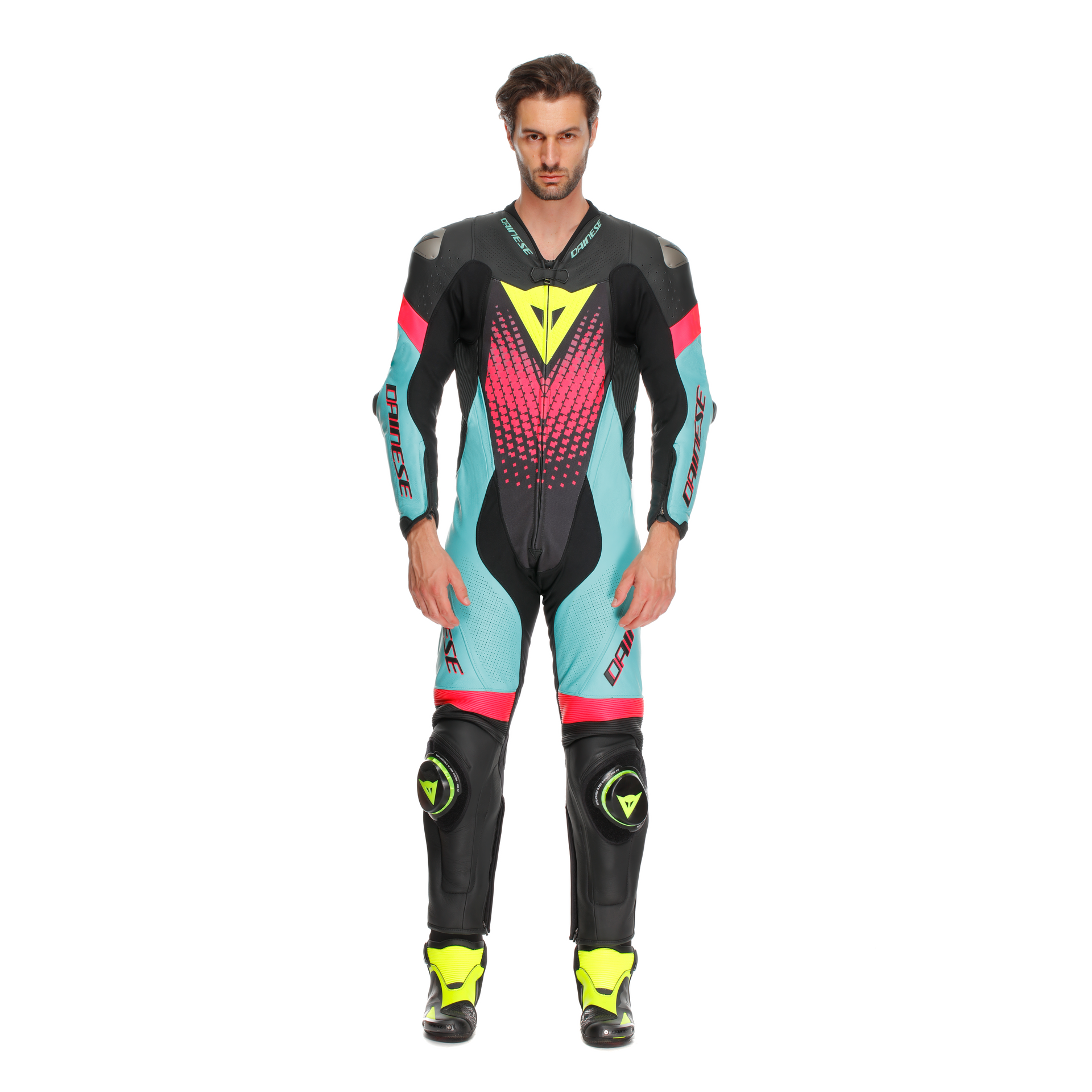 Dainese Laguna Seca 6 Mono de cuero – Traje de carreras perforado | Hombre | Turquesa/Rosa/Amarillo neón 