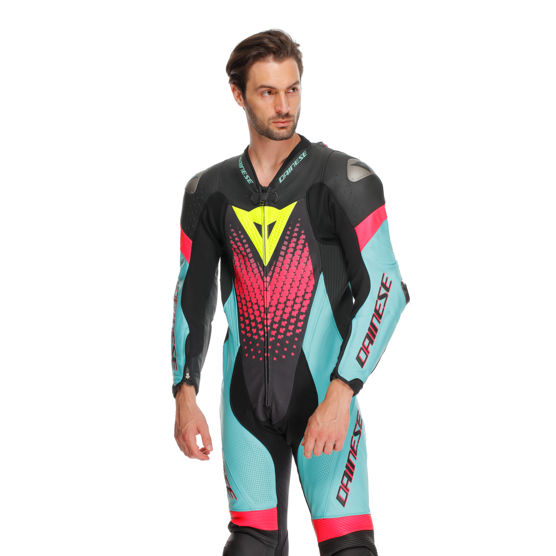 Dainese Laguna Seca 6 Mono de cuero – Traje de carreras perforado | Hombre | Turquesa/Rosa/Amarillo neón 
