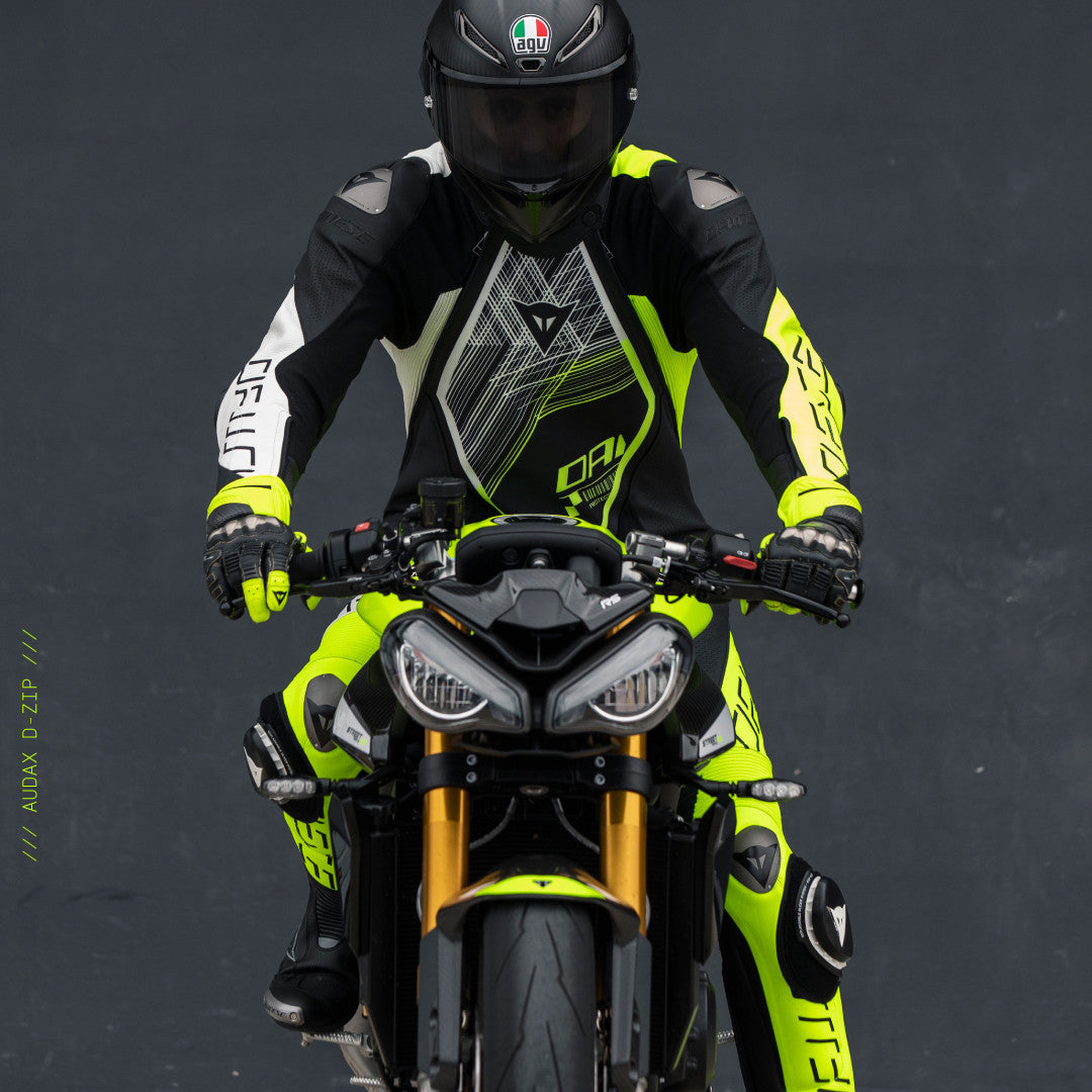 Dainese Audax D-ZIP Mono de cuero – Traje de carreras perforado | Hombre | Negro/Amarillo Neón 
