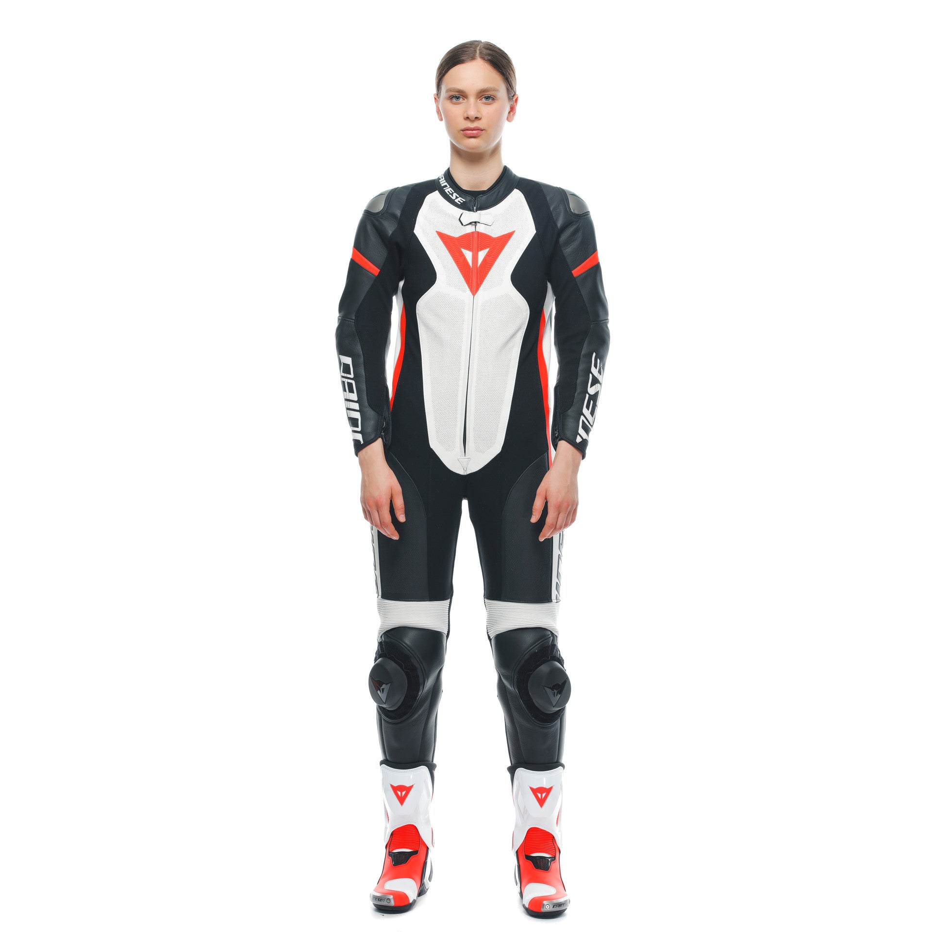 Dainese Grobnik Lady Mono de cuero – Traje de carrera perforado | Mujeres | Blanco/Rojo 