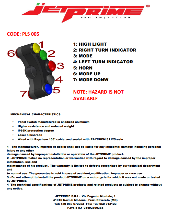 Interruptor de manillar izquierdo JetPrime Ducati Panigale 959 (16-19) JP PLS 005 