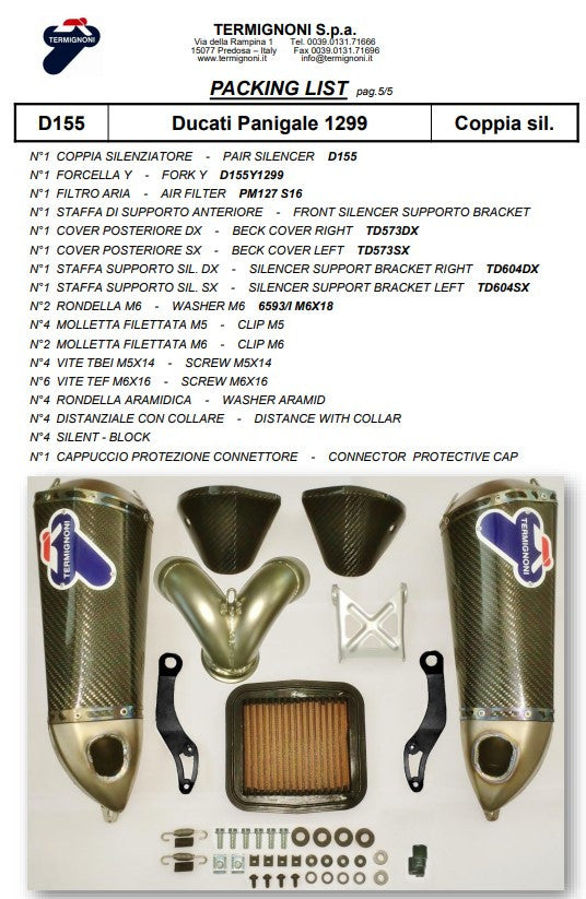 Kit de Escape Slip-On de Carbono Termignoni para Ducati Panigale 959 (16-19) D155102CPT+D155Y2 