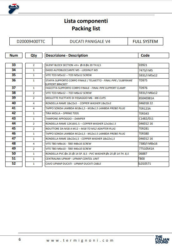 Sistema de escape completo Termignoni de titanio D200 RHT para Ducati Panigale V4 R (19-24) D20009400TTC 