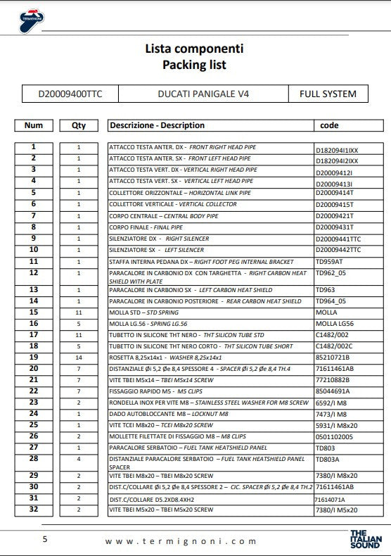 Sistema de escape completo Termignoni de titanio D200 RHT para Ducati Panigale V4/S (18-24) D20009400TTC 