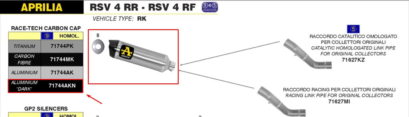 Escape Arrow Slip-On Race-Tech de aluminio oscuro para Aprilia RSV4/RR/RF (15-16) 71744AKN 