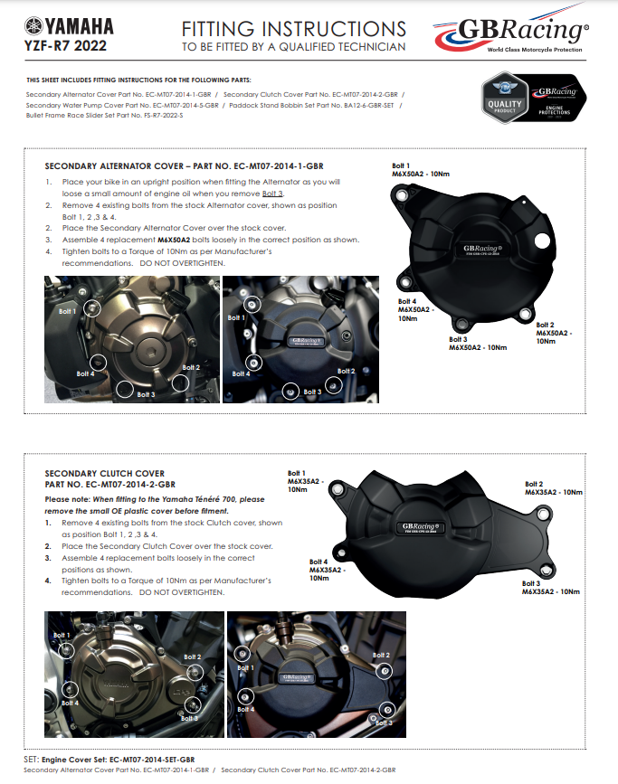 Juego completo de tapas del motor Protectores GBRacing para Yamaha YZF-R7 (21-26) 