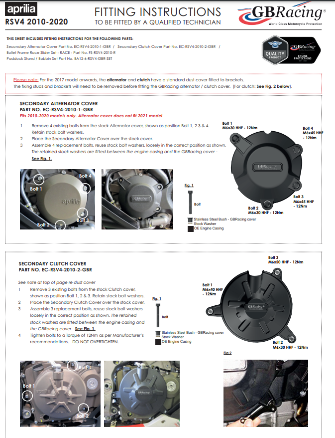 Cubierta de motor Protectores Kit completo GBRacing Aprilia RSV4/1100 Factory/R/RR/RF (09-20) 